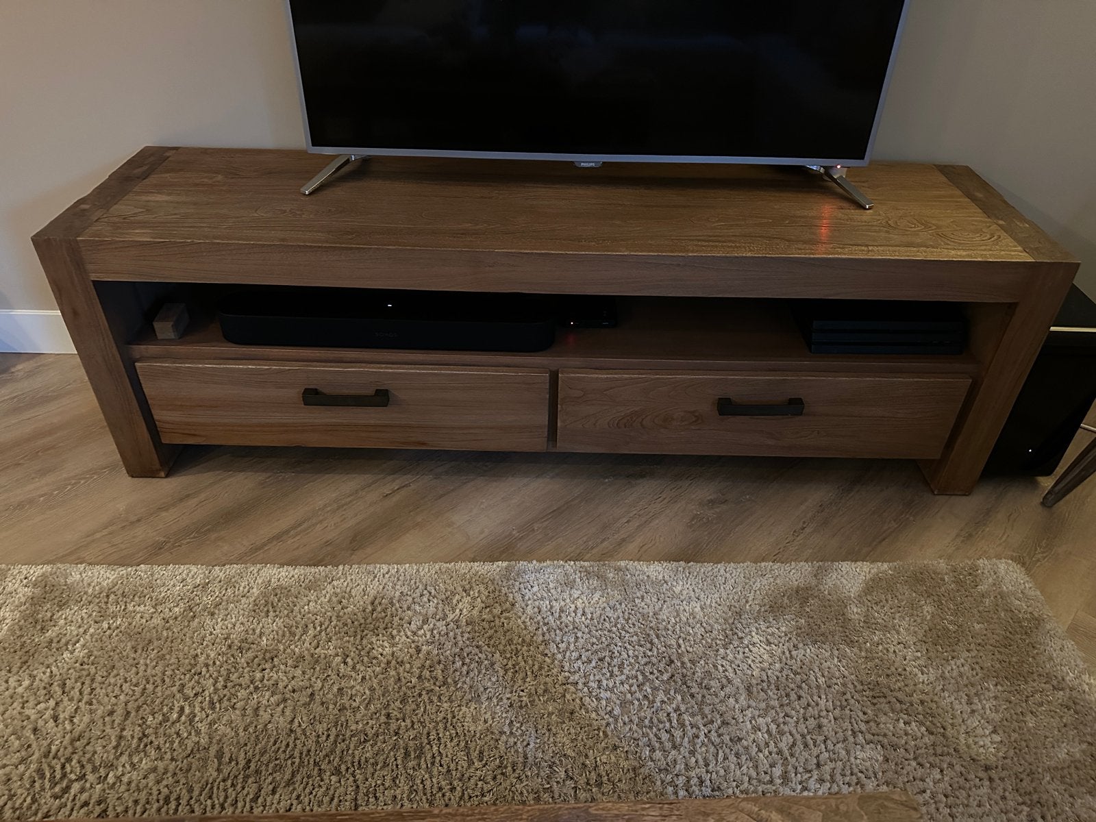 Teak houten tv-meubel met lades, Ophalen, Gebruikt, 100 tot 150 cm, Teakhout