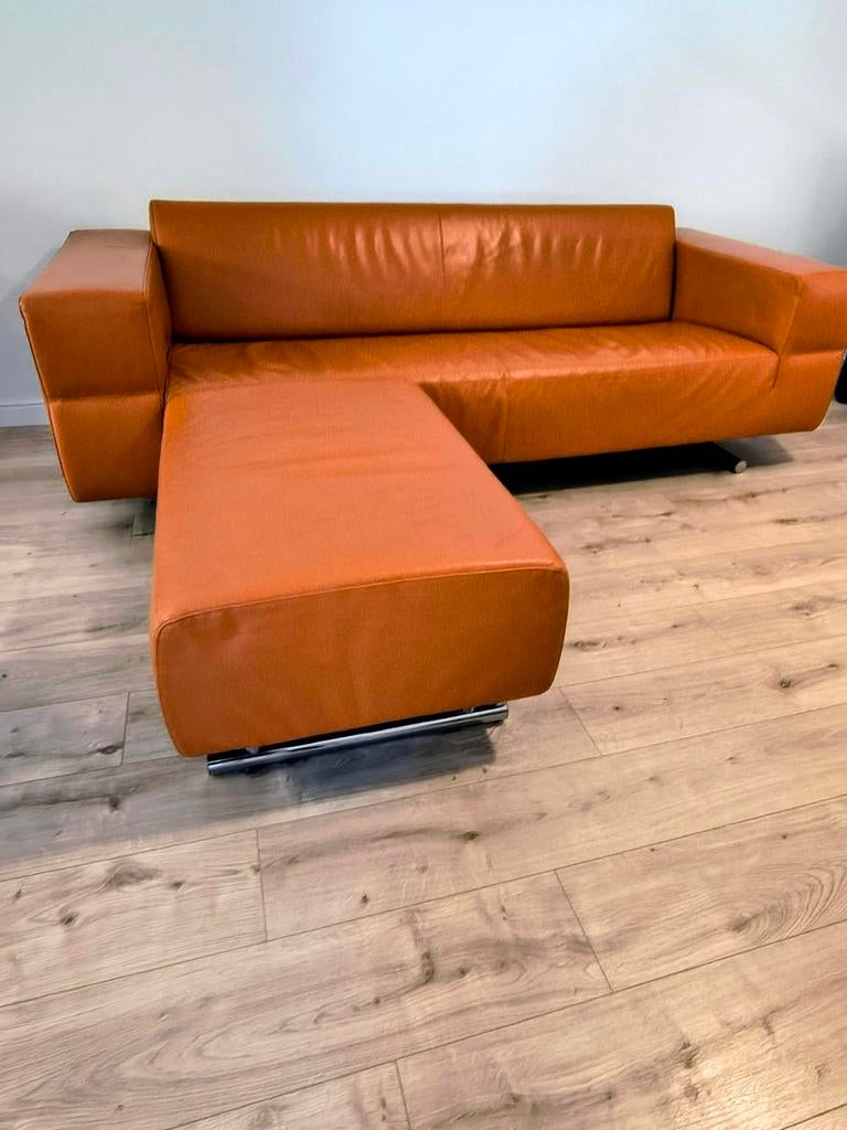 Molinari 3zits leren bank en hocker, Ophalen, Gebruikt, Driepersoons, Rechte bank