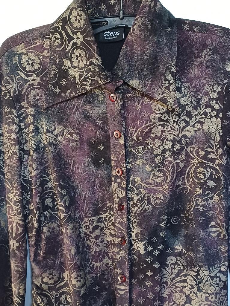Prachtige Blouse Bruin Paars Goud S 34 36 Ongedragen  (Jool, Kleding | Dames, Bruin, Verzenden, Zo goed als nieuw, Steps