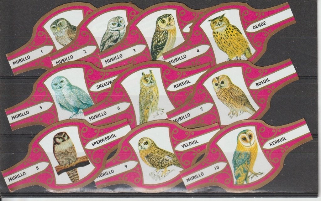 reeks 266  uilen  1-10  sigarenbanden, Ophalen of Verzenden, Zo goed als nieuw, Sigarenbandjes