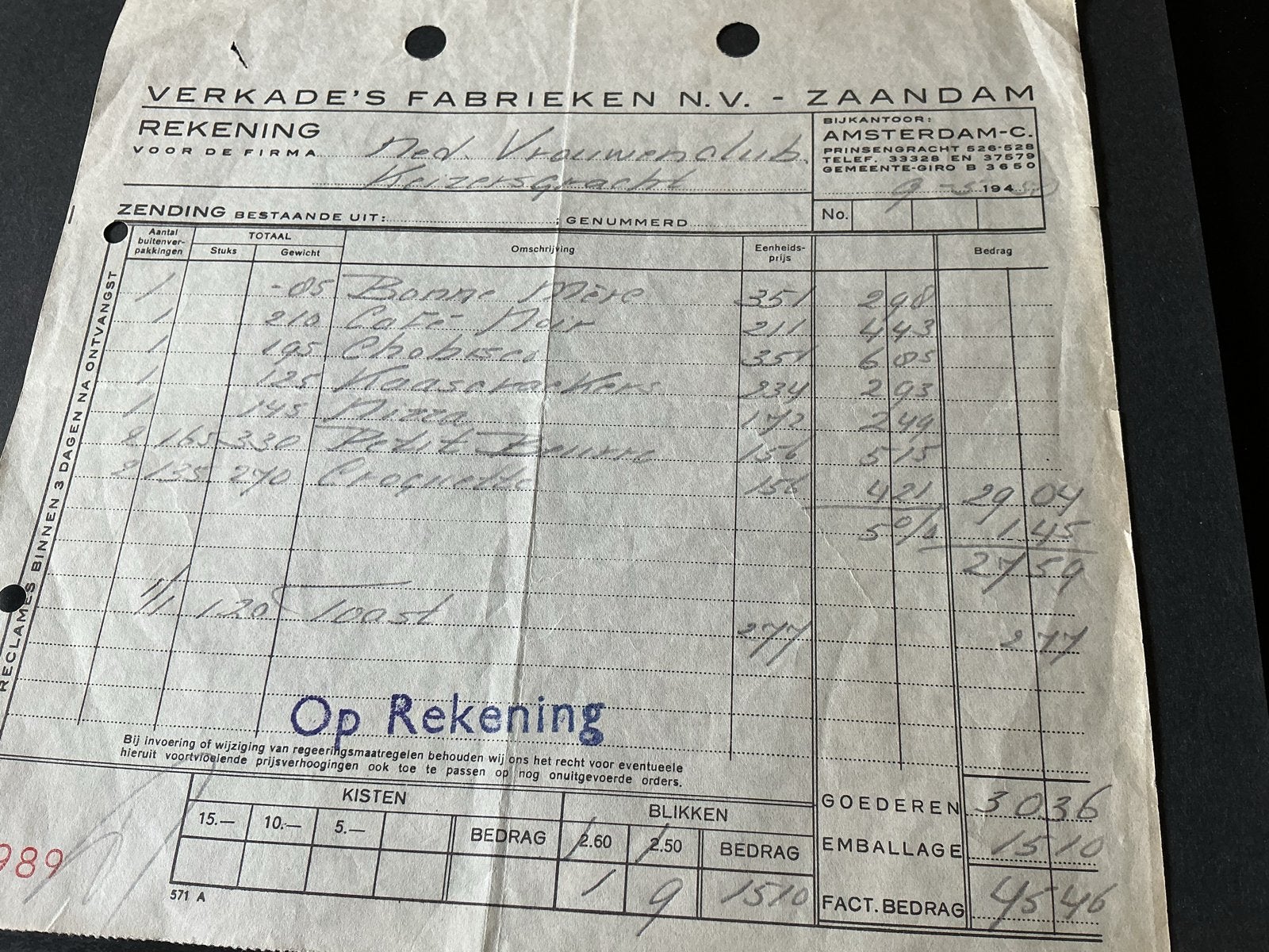 Oude Rekening Verkade's Fabrieken N.V. - Zaandam 1945?, Verzenden