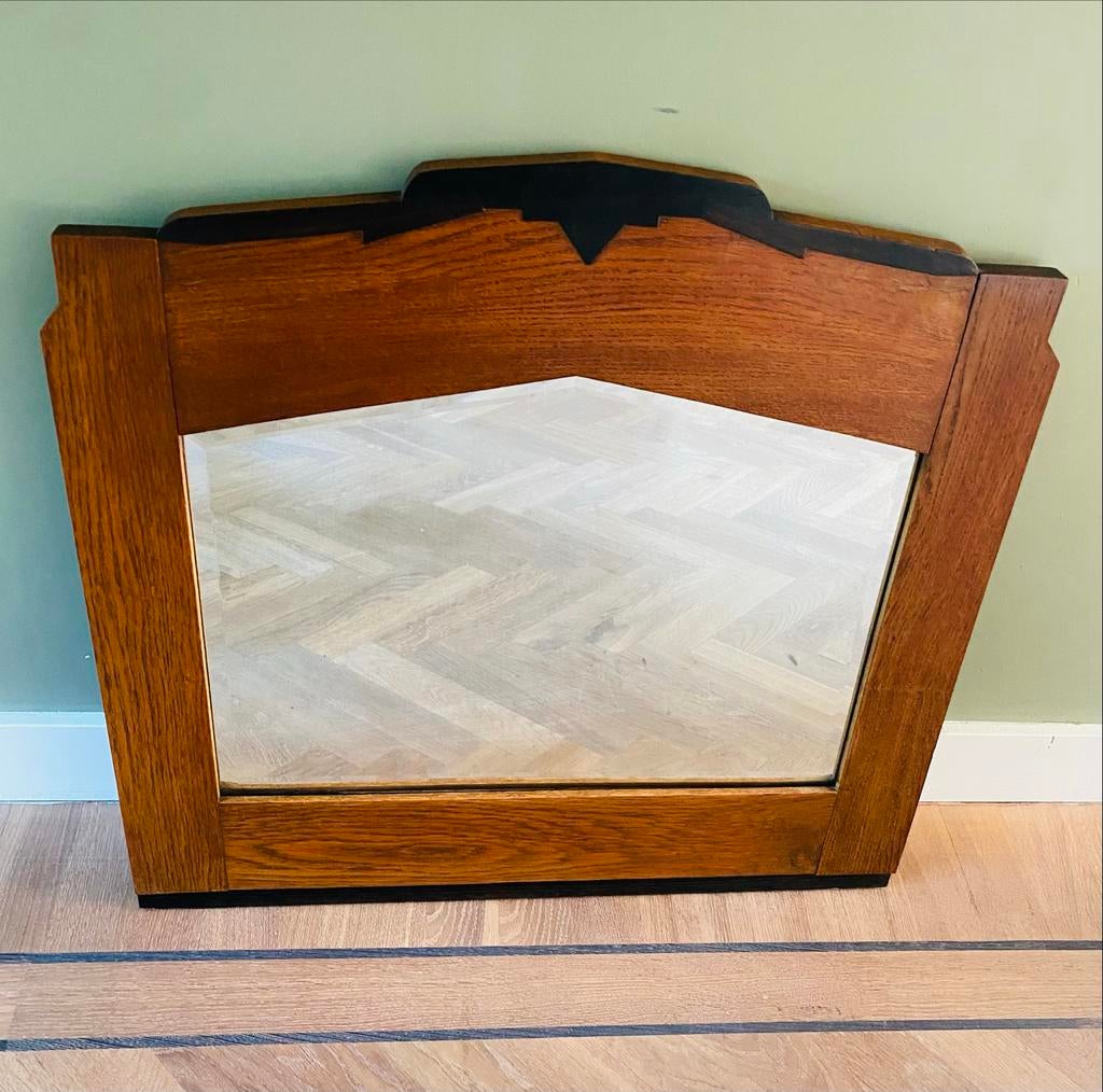 Amsterdamse School spiegel, Art Deco, massief hout. 76x70, Antiek en Kunst, Antiek | Spiegels, Ophalen, Overige vormen, 50 tot 100 cm
