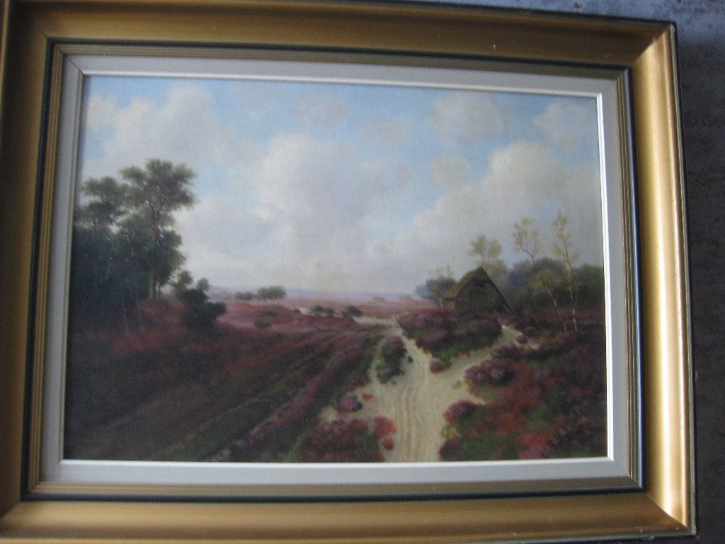 Schilderij op canvas van huisje in heidelandschap, 50 – 75, Gebruikt, Ophalen of Verzenden, Schilderij