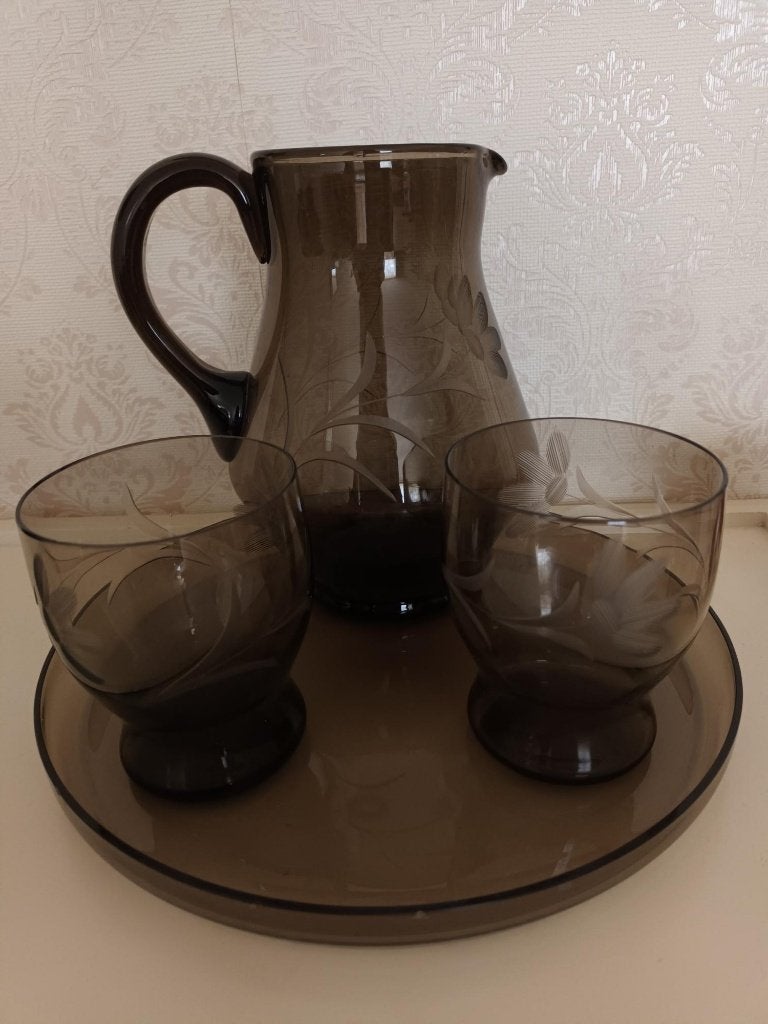 Vintage set van rookglas met mooie bloemtak decoratie, Ophalen of Verzenden, Overige stijlen, Compleet servies, Glas