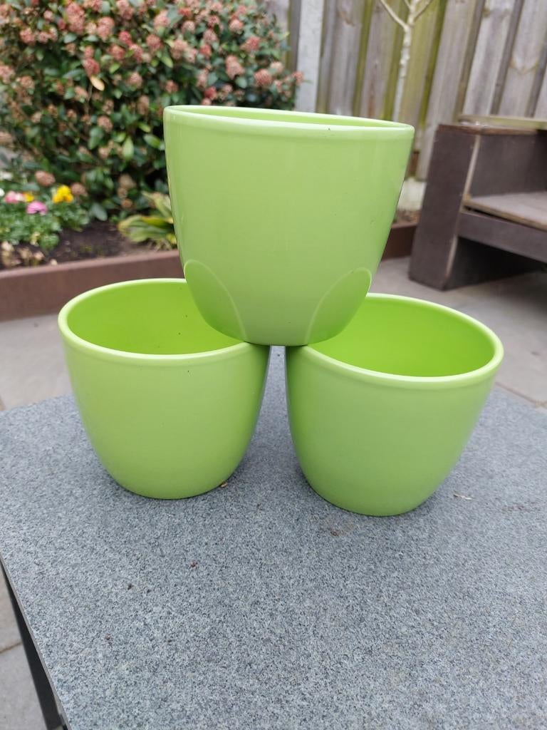 3x Bloempot Lime Groen - Vrolijke Set voor Binnen, Gebruikt, Rond, Binnen, Ophalen of Verzenden