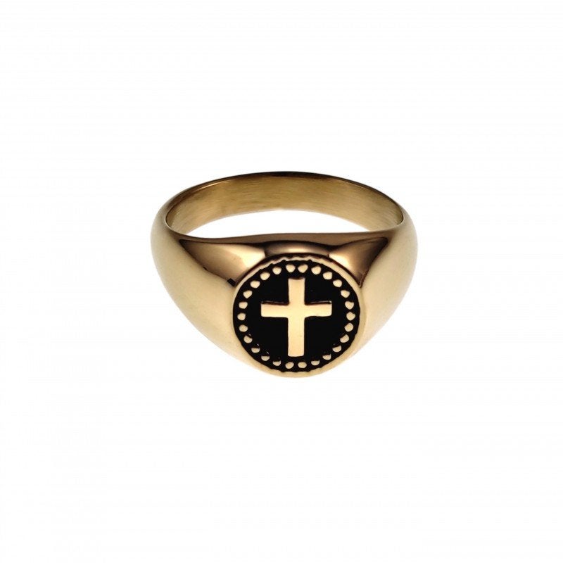 Zegelring Unisex Goudkleurig RVS Verguld Stalen Ring + Kruis, Heer, Nieuw, Esde2, GPSR@esde2.eu
