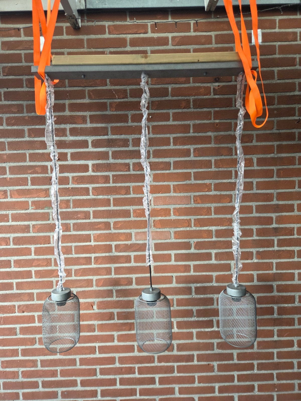 Industriële hanglamp met 3 metalen kappen, Gebruikt, Metaal, Industrieel, E27 (groot)