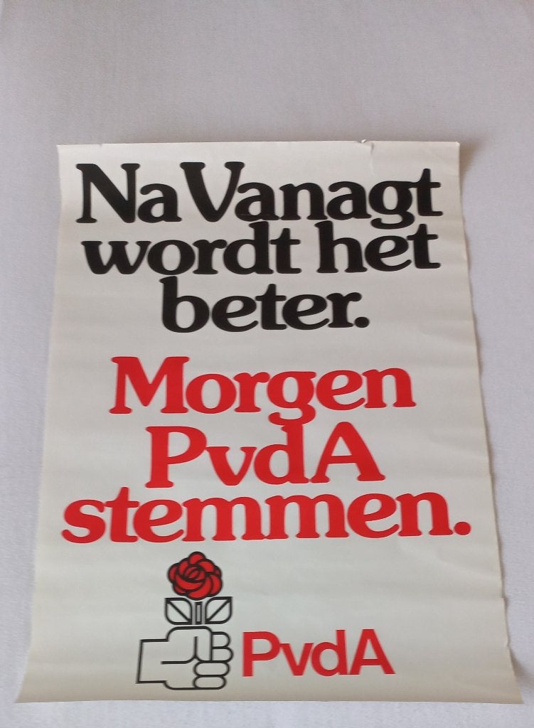Poster PvdA, Rechthoekig Staand, Ophalen of Verzenden, Zo goed als nieuw, A1 t/m A3