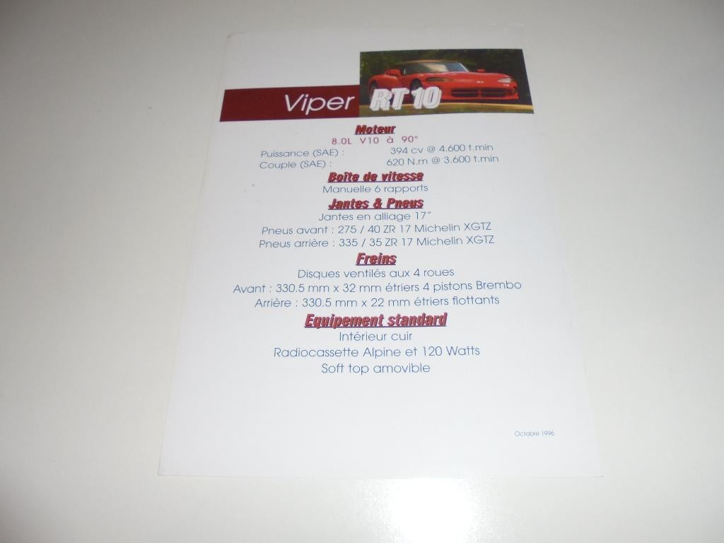 leaflet Viper GTS / Viper RT 10, Ophalen of Verzenden, Zo goed als nieuw, Overige merken