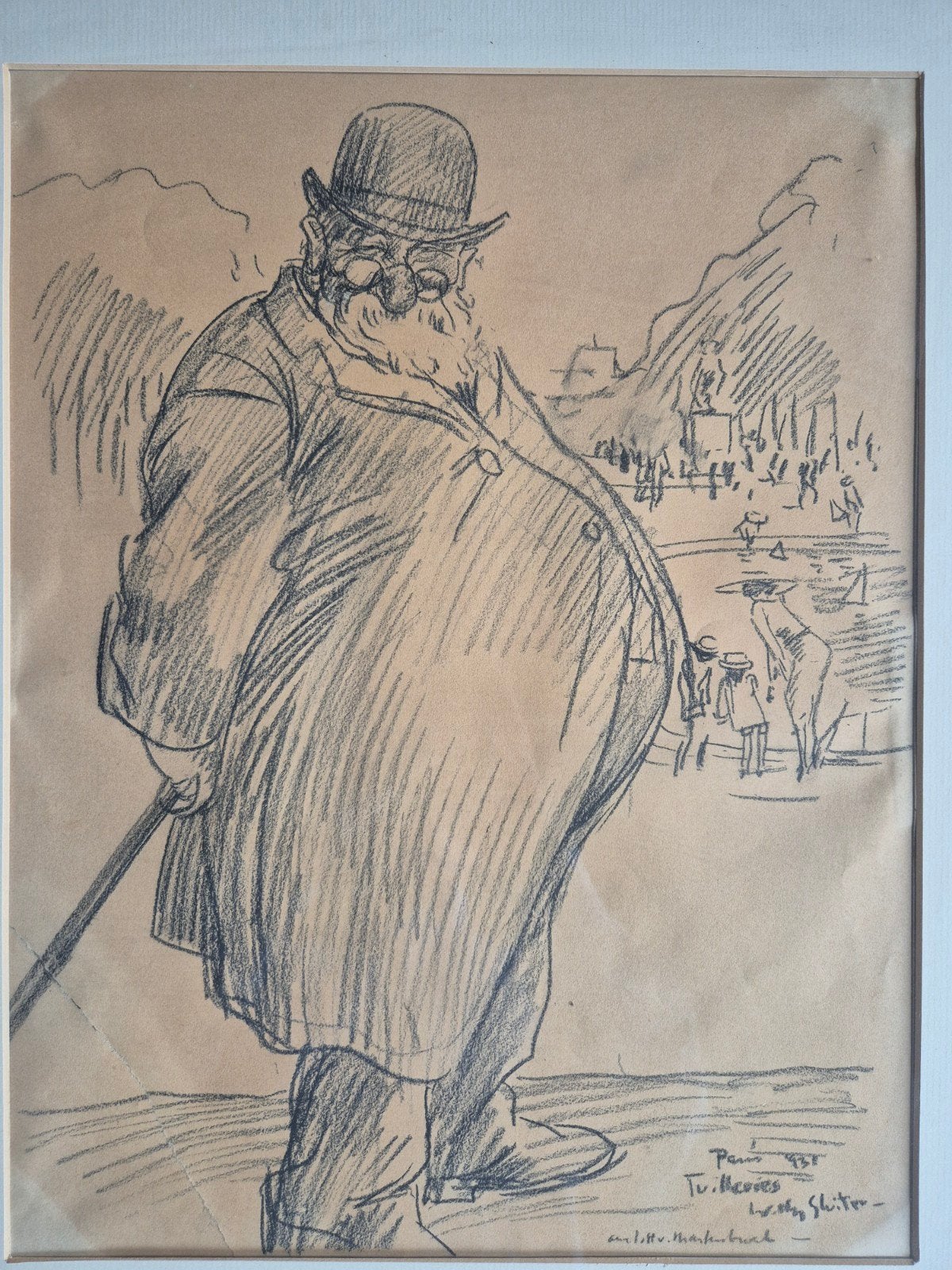 Parijse houtskooltekening Willy Sluiter voor Van Mastenbroek, Ophalen of Verzenden, Tekening, Houtskooltekening, Gesigneerd