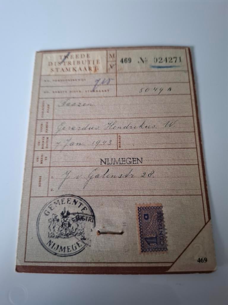 Distributie stamkaart Nijmegen document bonkaart wo2, Ophalen of Verzenden