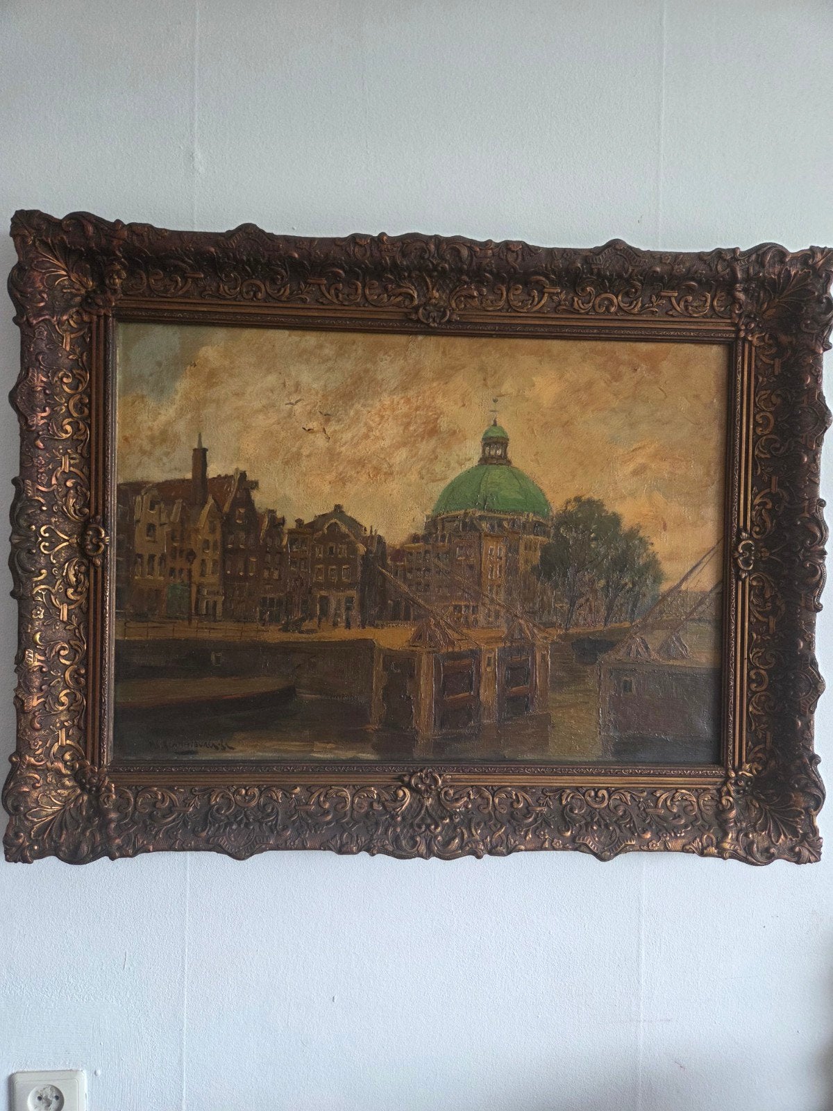 Oud Hollands Stadsgezicht Olieverf Schilderij met Koepelkerk, Antiek en Kunst, Ophalen, Doek, Olieverf, Klassiek