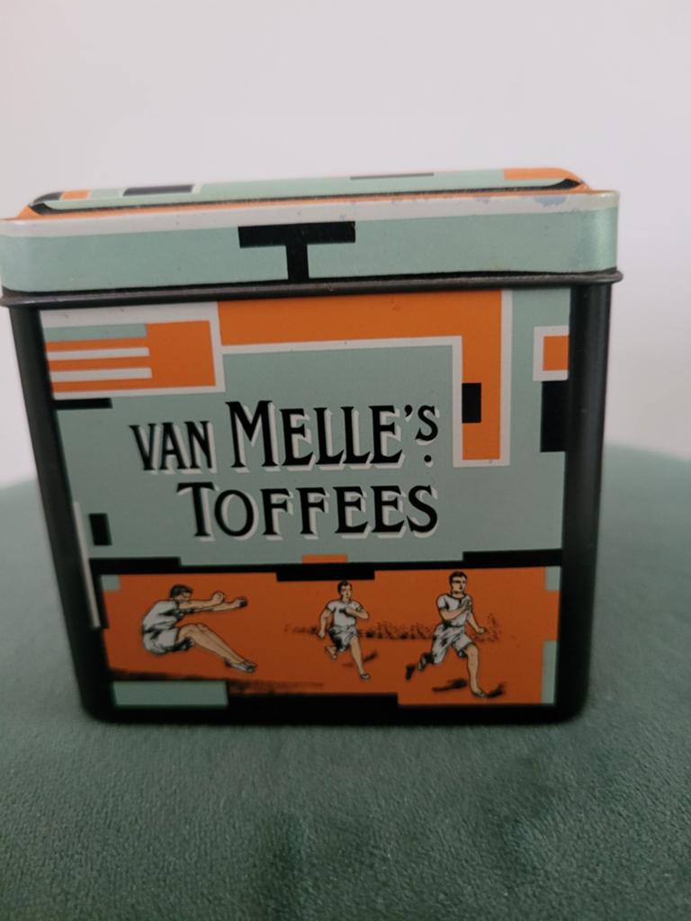 Vintage Van Melle's Toffees blik Olympische Spelen 1928, Ophalen of Verzenden, Gebruikt, Overige, Overige merken