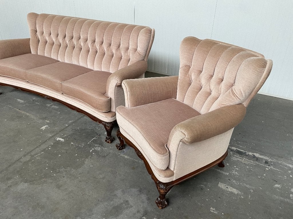 2 Antieke Fauteuils Vintage Retro 100% mohair Gecapitonneerd, Ophalen, Gebruikt, Barok Queen Ann Vintage Boudoir Franjes Velvet Retro