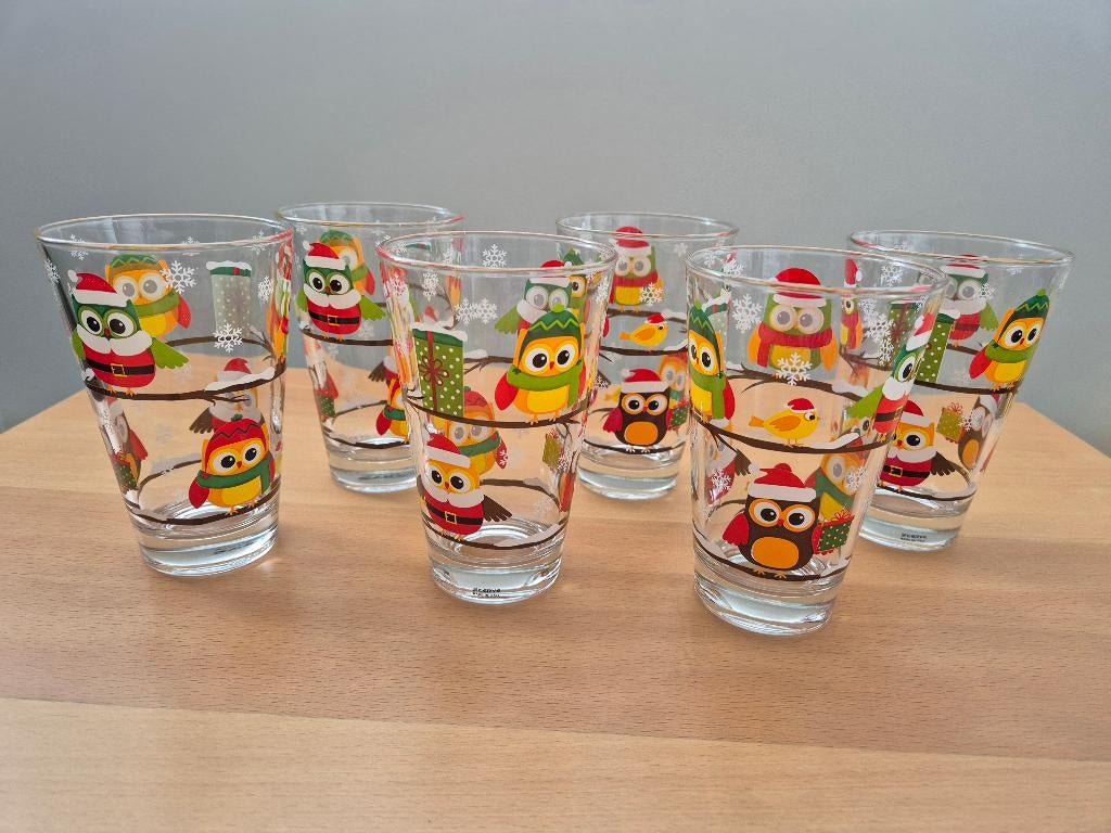 6 glazen met uiltjes, Ophalen, Glas of Glazen, Gebruikt, Glas