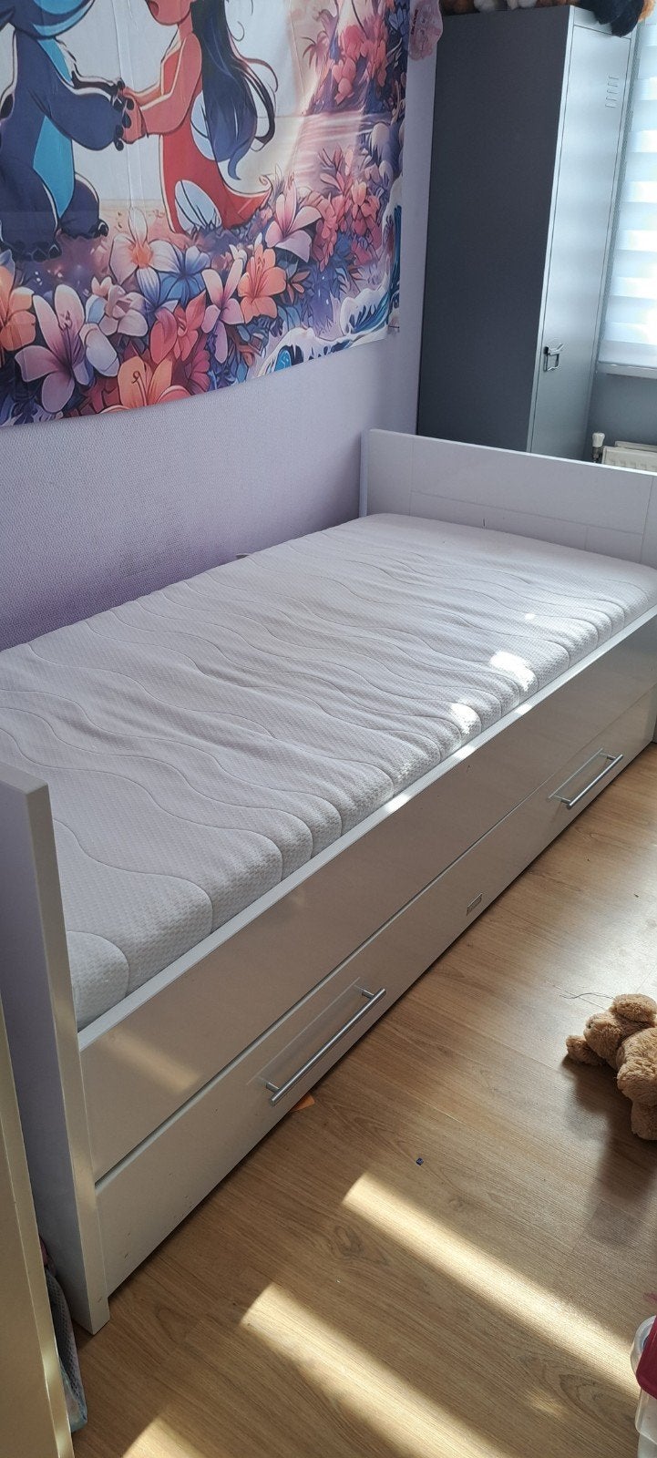 Wit hoogglans eenpersoonsbed met opberglades, Ophalen, Gebruikt, 90 cm, Eenpersoons