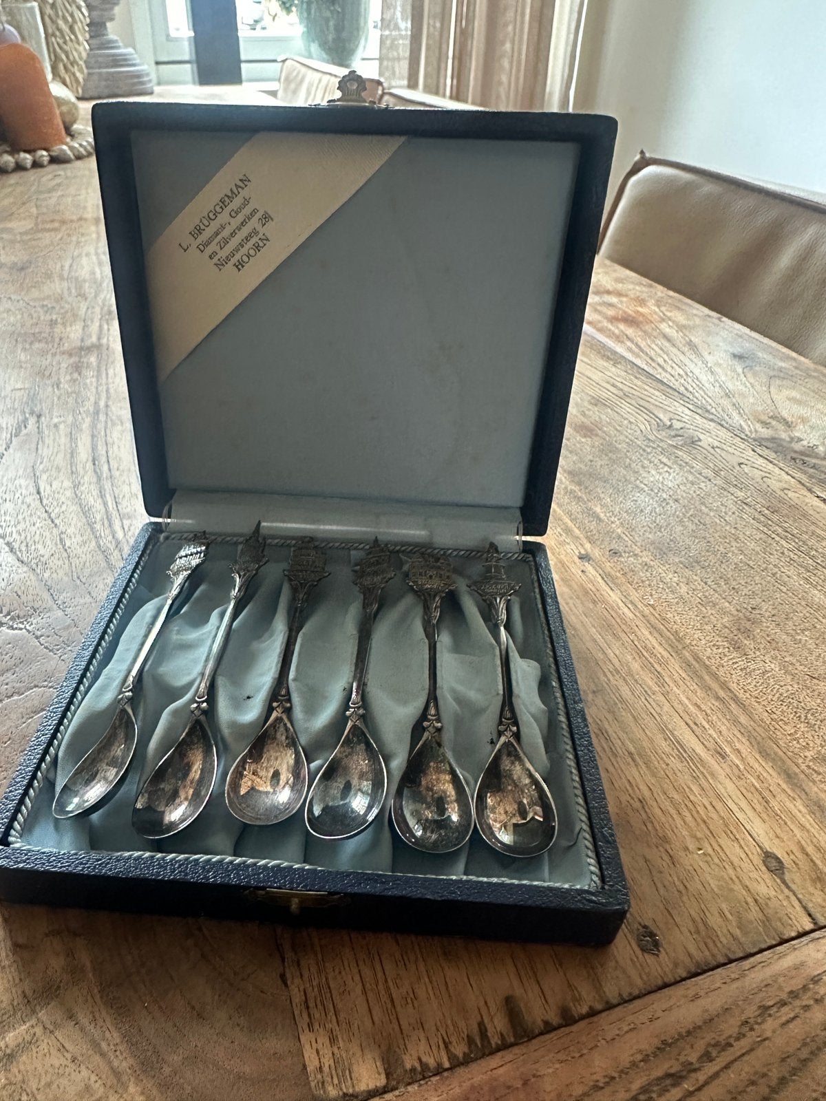 Antieke set Hoorn souvenirlepeltjes in cassette, Ophalen of Verzenden