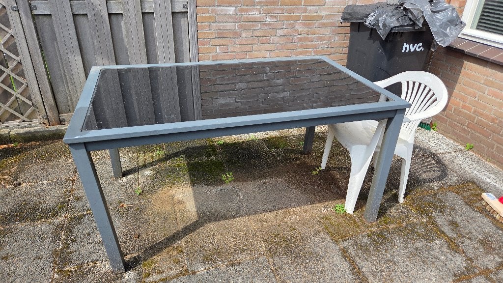 GRATIS AF TE HALEN Tuintafel Glas/aluminium onderstel, Tuin en Terras, Ophalen, Gebruikt, Rechthoekig, Overige materialen