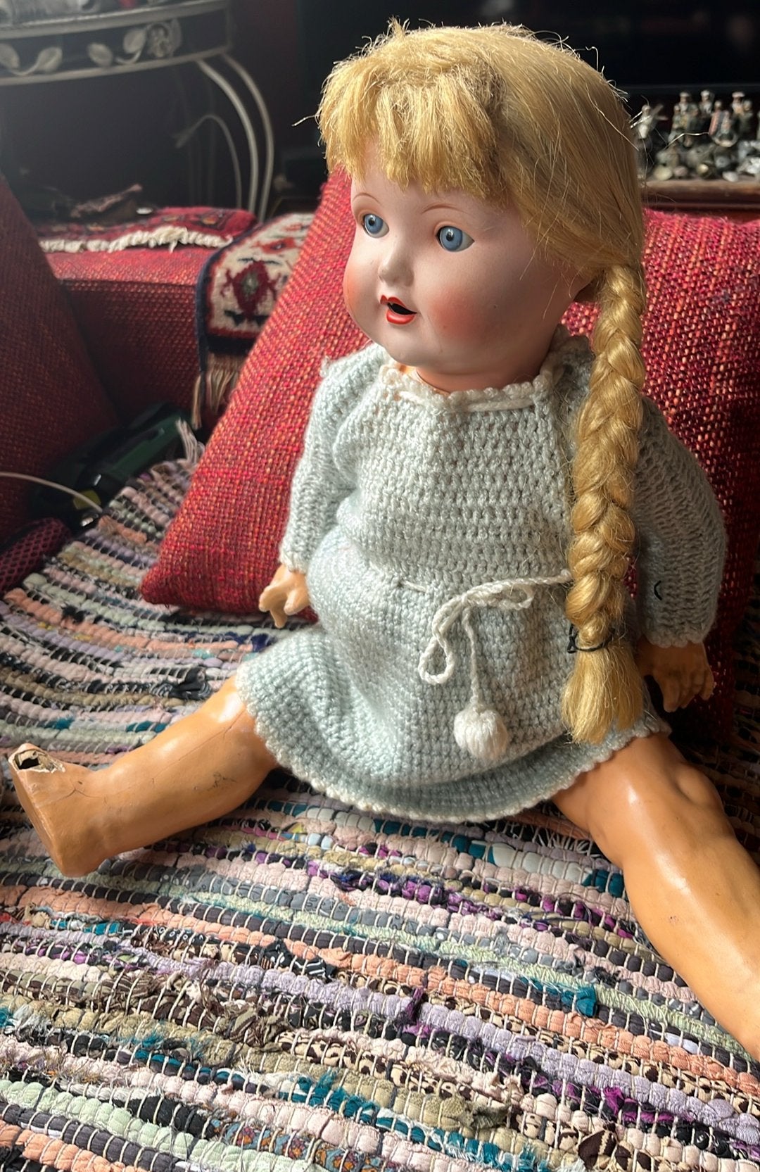 Grote Oude MamaPop met 2 prachtige Vlechtjes, Antiek en Kunst, Ophalen of Verzenden