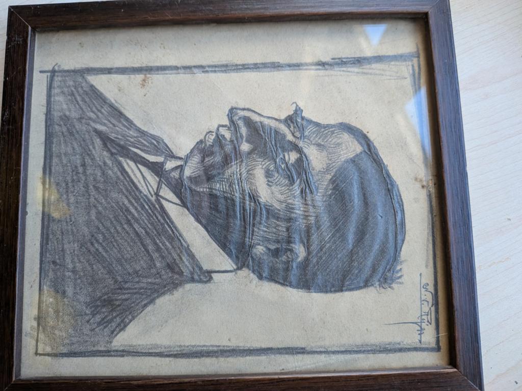 Twee ingelijste tekeningen: Koe melken & Portret, Ophalen of Verzenden