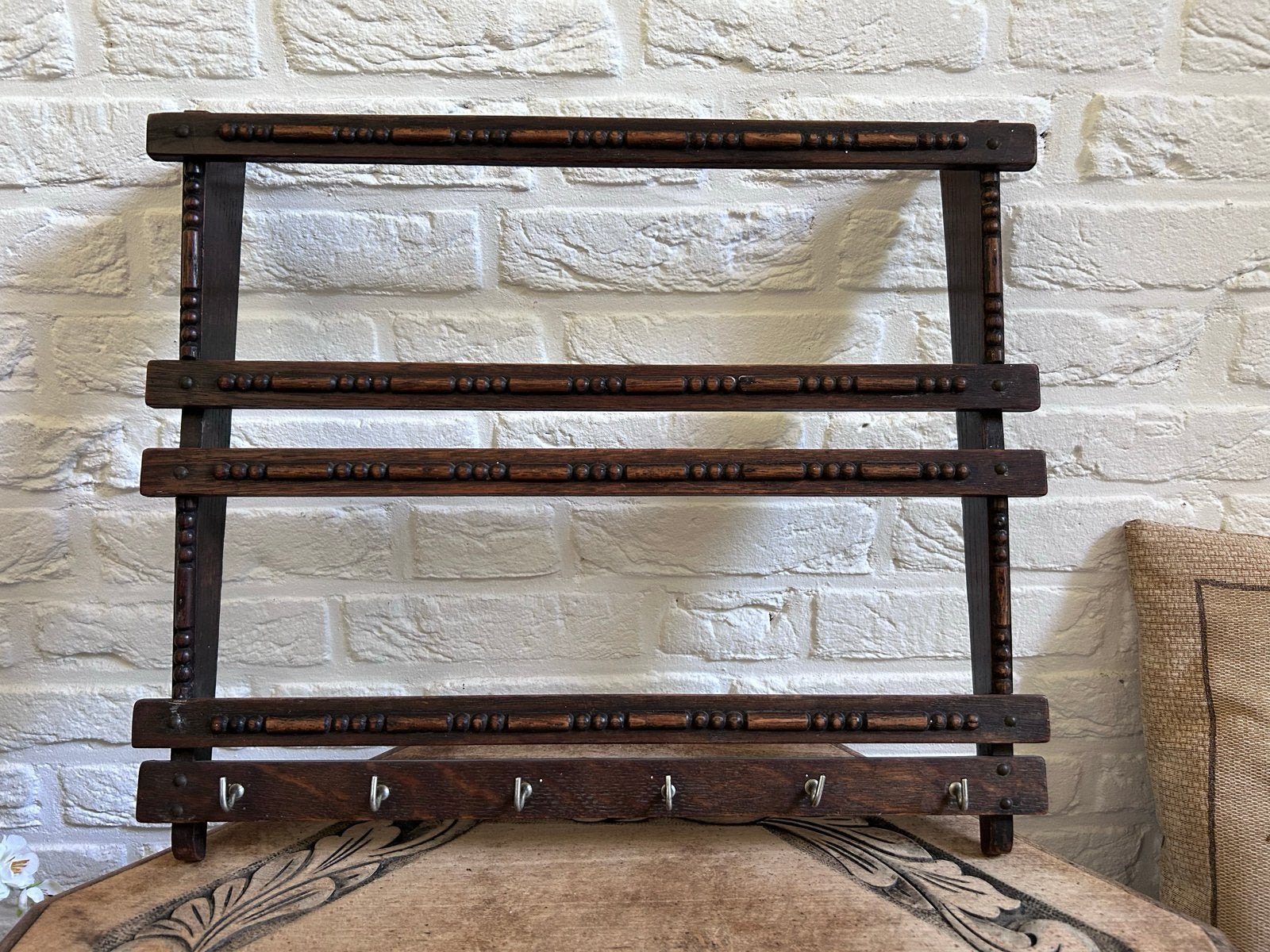 Vintage houten bordenrek met haken, Ophalen of Verzenden