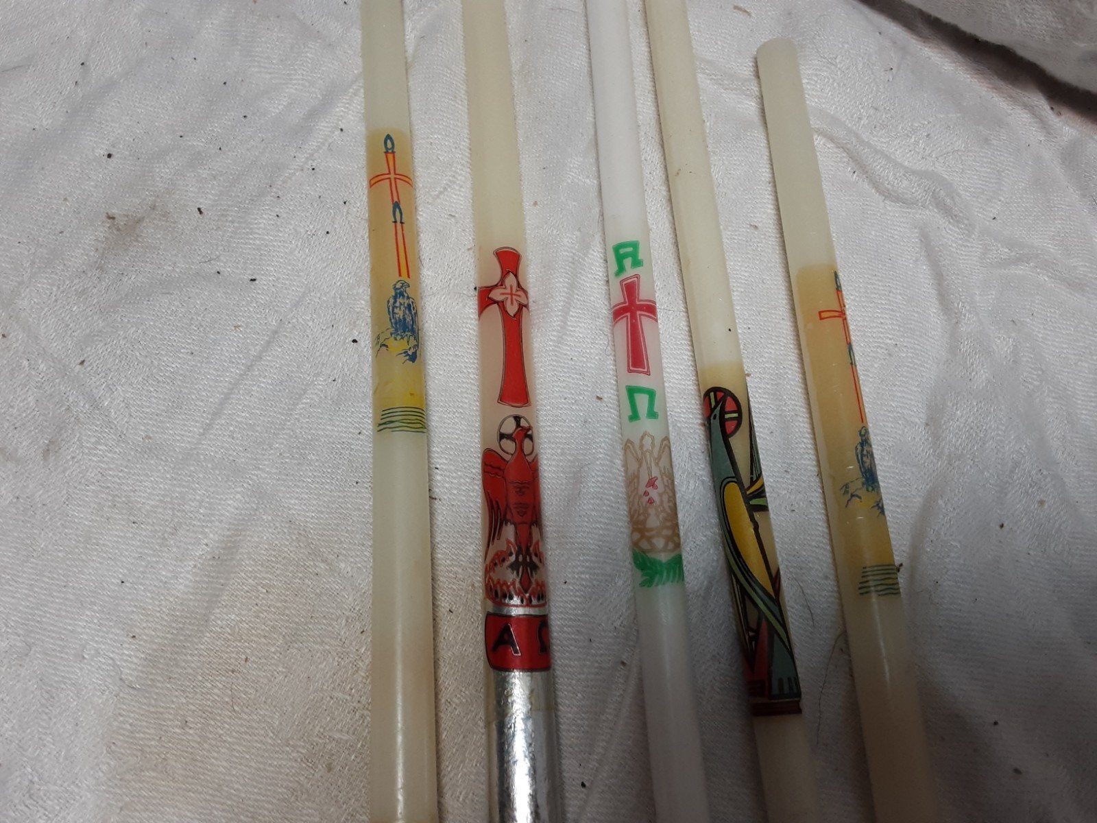 5 Vintage Communiekaarsen / Doopkaarsen met Religieuze, Antiek en Kunst, Antiek | Religie, Ophalen of Verzenden