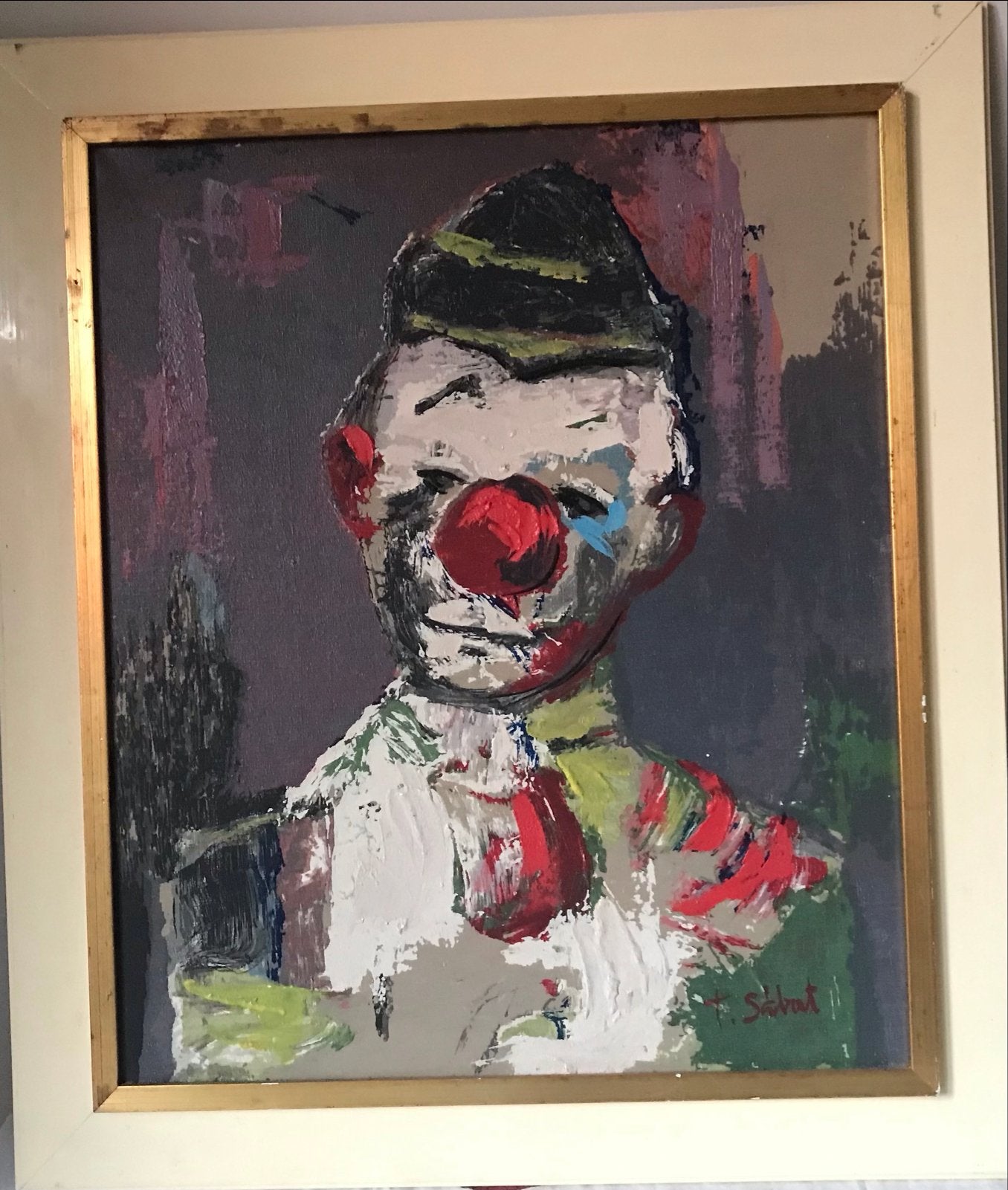 Olieverfschilderij Clown door F. Sabat, Antiek en Kunst, Ophalen
