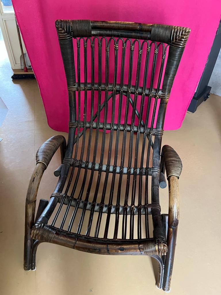 Vintage rotan stoel met kussen, Huis en Inrichting, Stoelen, Ophalen, Gebruikt, Bruin, Riet of Rotan