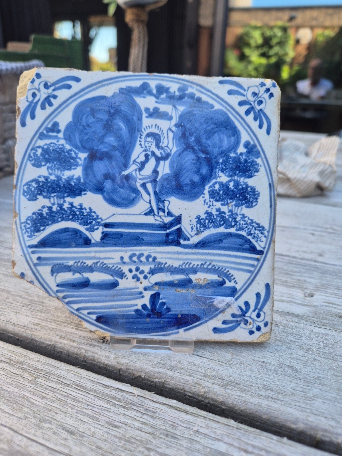 Antieke Delfts Blauwe Tegel met Bijbelse Voorstelling, Antiek en Kunst, Ophalen of Verzenden