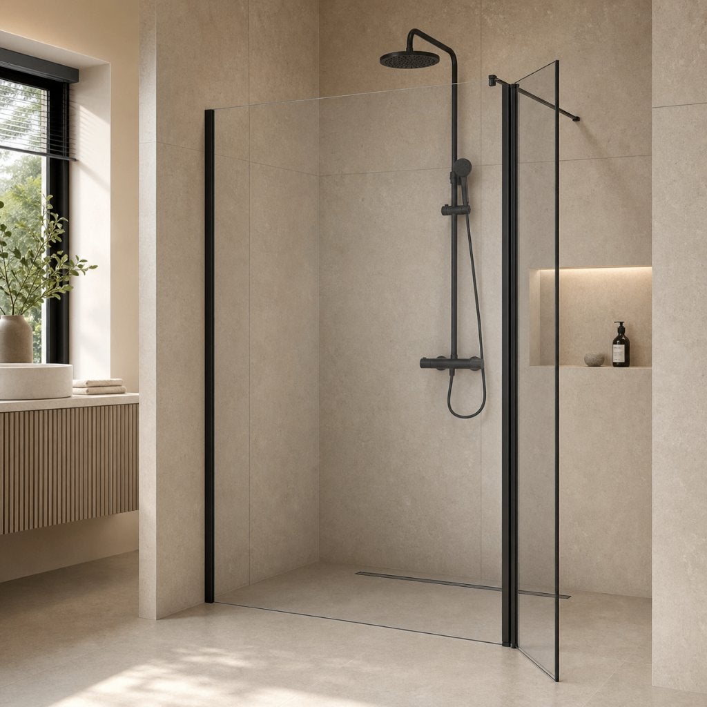 Bruynzeel inloopdouche 120 cm zwart+draaibare klapwand €250, Ophalen, Bruynzeel, Met douche, Eendenparkweg 3