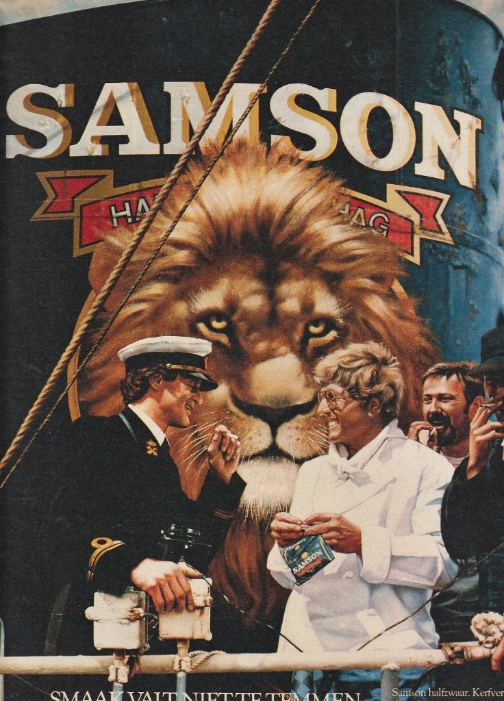 retro reclame 1980 Samson shag kapitein met leeuw op schip, Verzenden, Overige typen