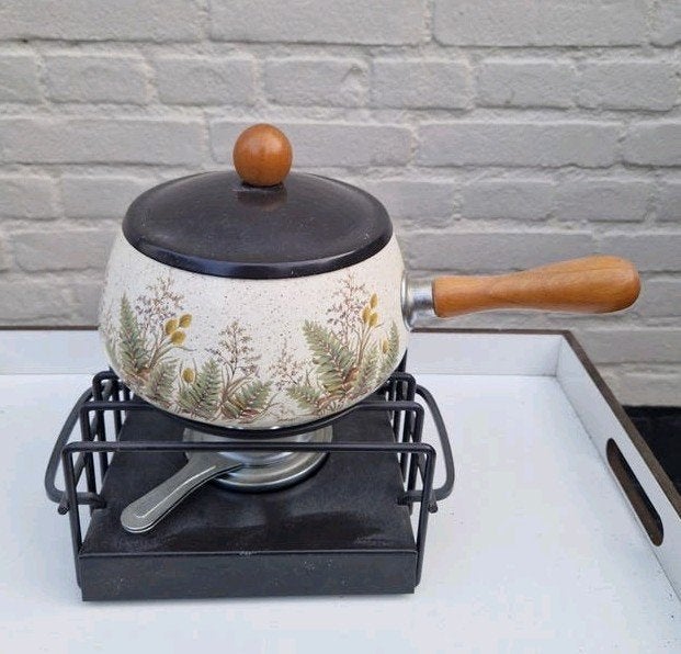 Vintage fonduepan met rechaud - Bloemenprint, Ophalen of Verzenden, Metaal, Meerkleurig, Overige merken