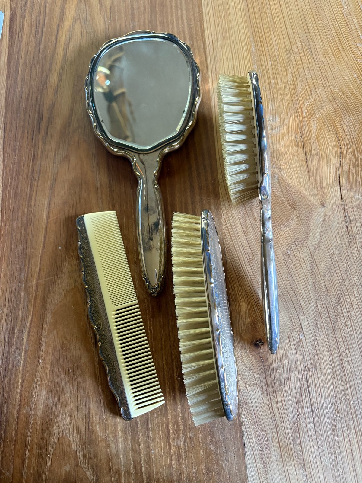 Vintage verzilverde kapset met spiegel, borstels en kam, Antiek en Kunst, Ophalen of Verzenden