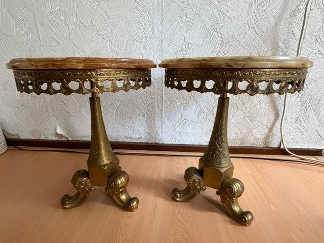 2 (set) messing + marmeren blad ronde tafels klein, Ophalen, Overige materialen, Gebruikt, Klassiek / barok
