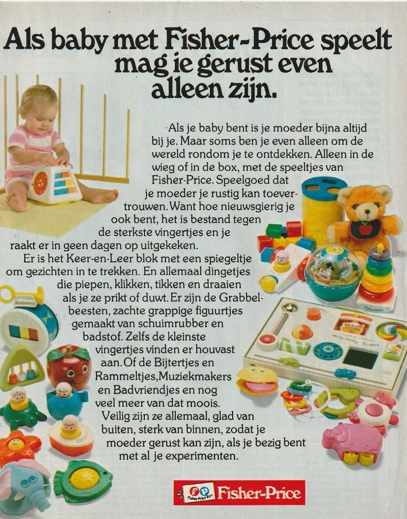 Retro reclame 1979 Fisher-Price baby speelgoed & box, Verzenden, Overige typen