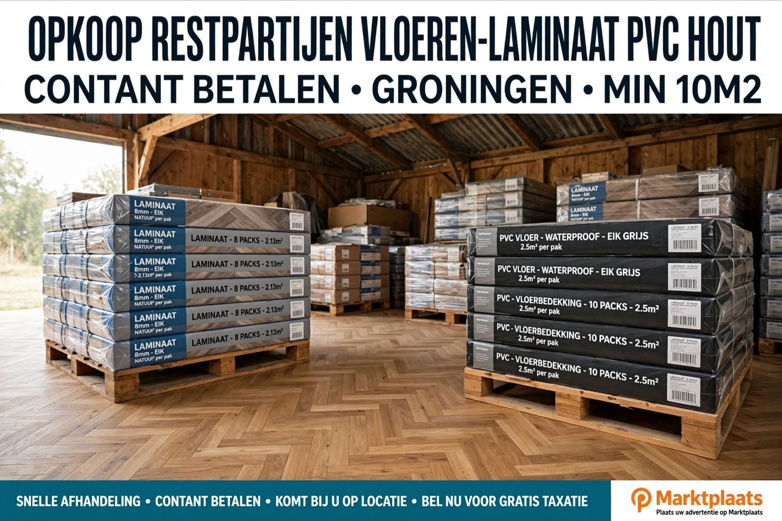 Restpartijen Vloeren: Laminaat, PVC, Hout - Contant Betaald, Doe-het-zelf en Verbouw, Nieuw, Ophalen of Verzenden, 10 m² of meer