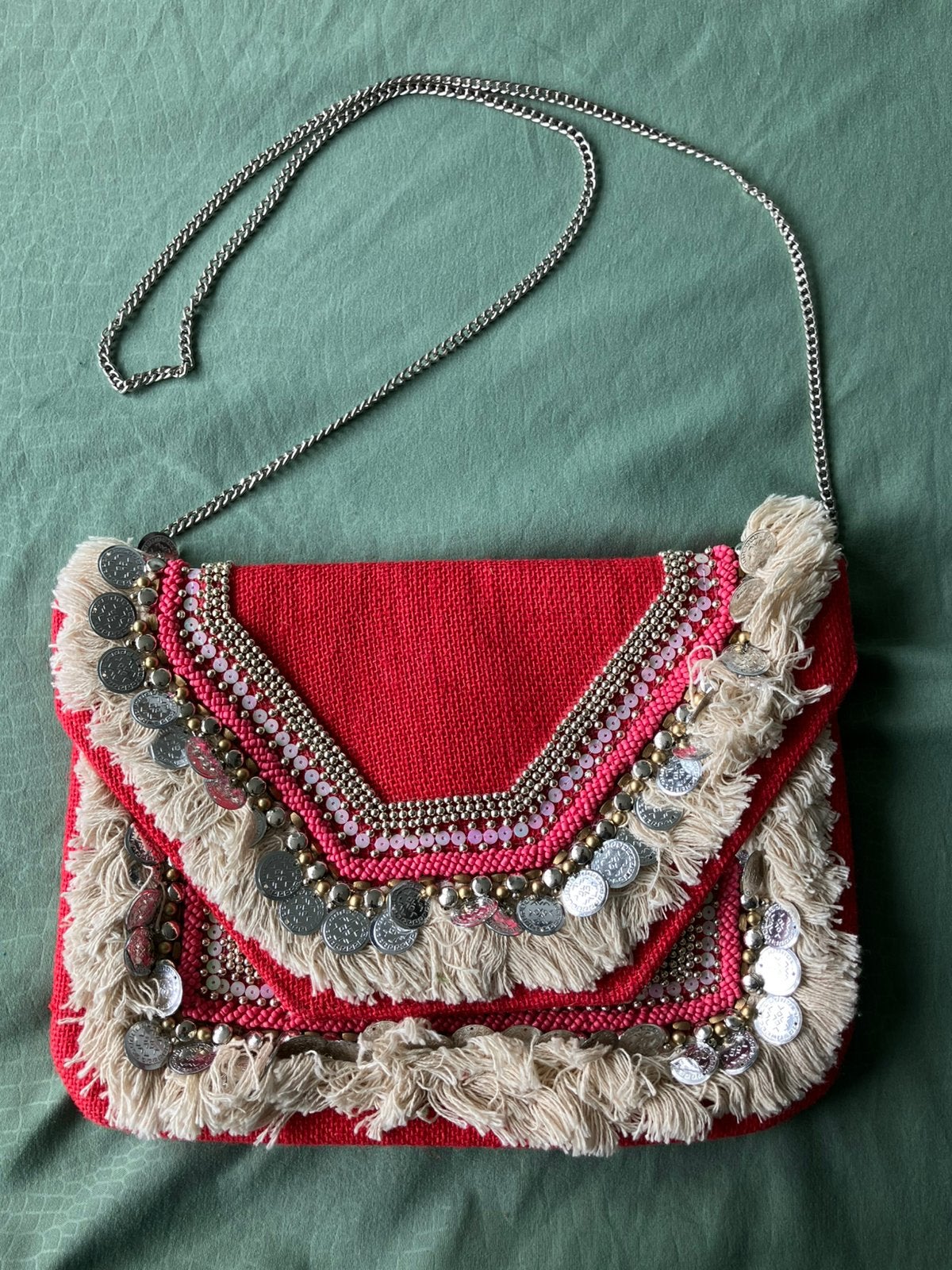 Boho Festival Red-Coral Bag with Fringes, Coins, Metal Chain, Ophalen of Verzenden, Nieuw, Rood, Schoudertasje