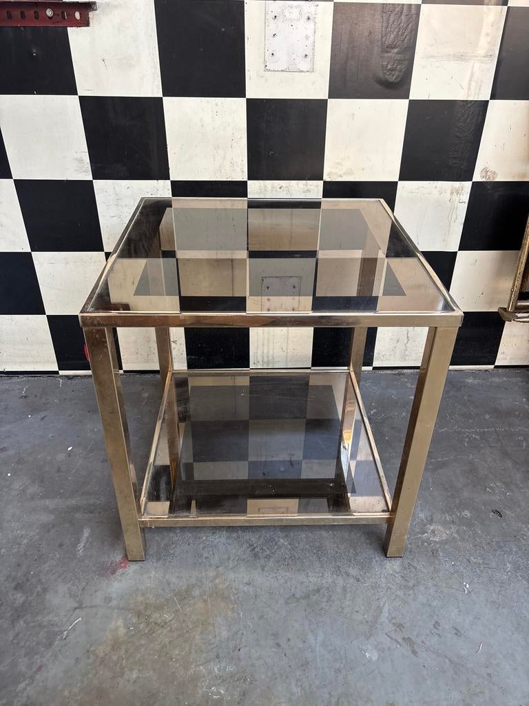 Gouden belgo bijzettafel met glazen blad hollywood regency, Ophalen, Minder dan 45 cm, Minder dan 55 cm, Gebruikt