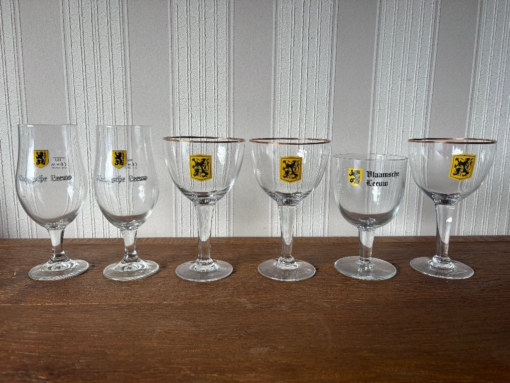 6x Vlaamsche Leeuw Bierglas Set (Tulp, Kelk & Goudrand), Verzamelen, Biermerken, Ophalen of Verzenden, Nieuw, Glas of Glazen, Overige merken