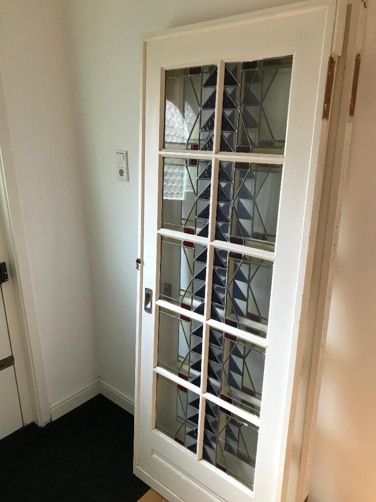Antieke schuifdeuren met glas-in-loodramen, Ophalen, Gebruikt, 80 tot 100 cm, Binnendeur