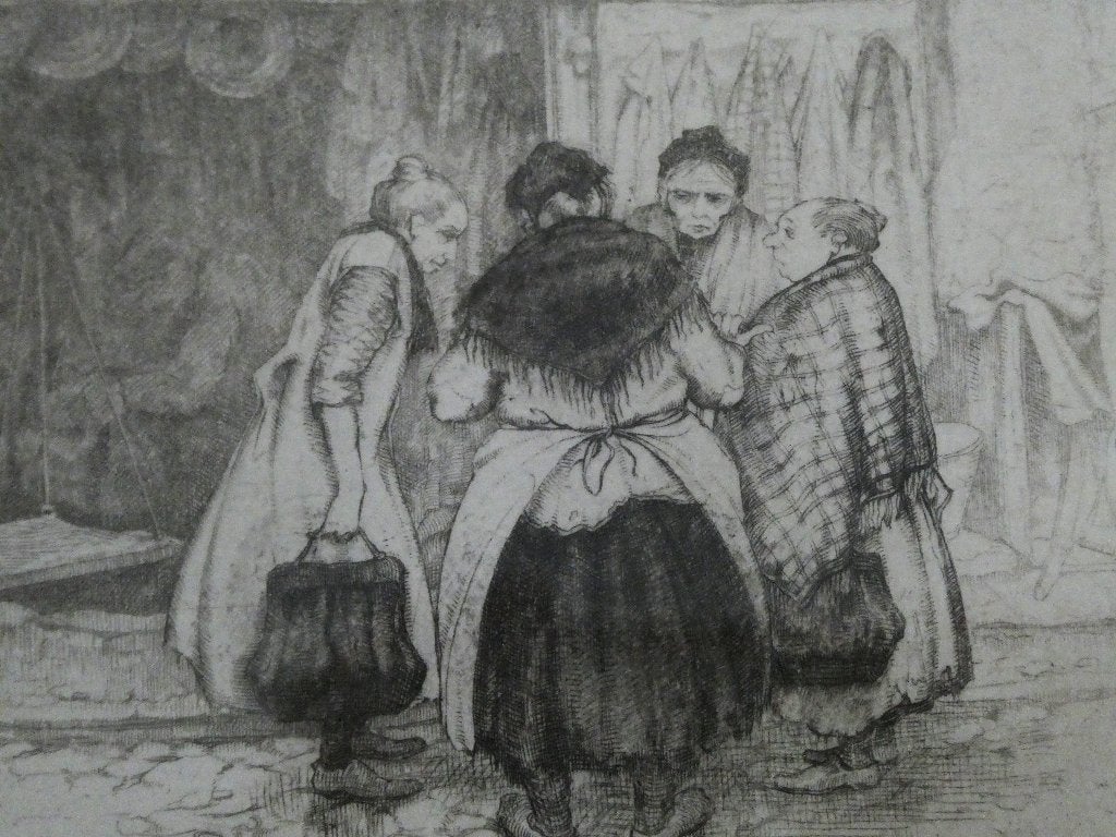Jordaan Amsterdam ets Anton Pieck Buurpraatje uit 1933, Antiek en Kunst, Kunst | Etsen en Gravures, Dagelijks leven, Ets, 27 cm