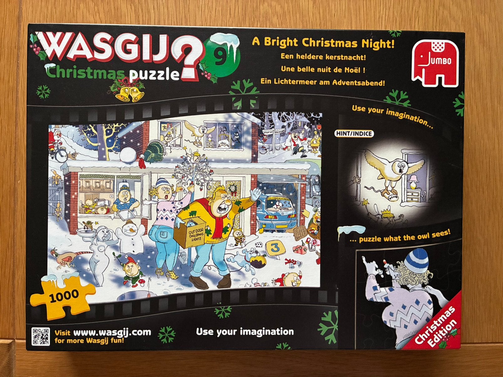 Wasgij kerst puzzel nr 9 a bright Christmas night 1000 st, Ophalen of Verzenden, 500 t/m 1500 stukjes, Zo goed als nieuw, Legpuzzel