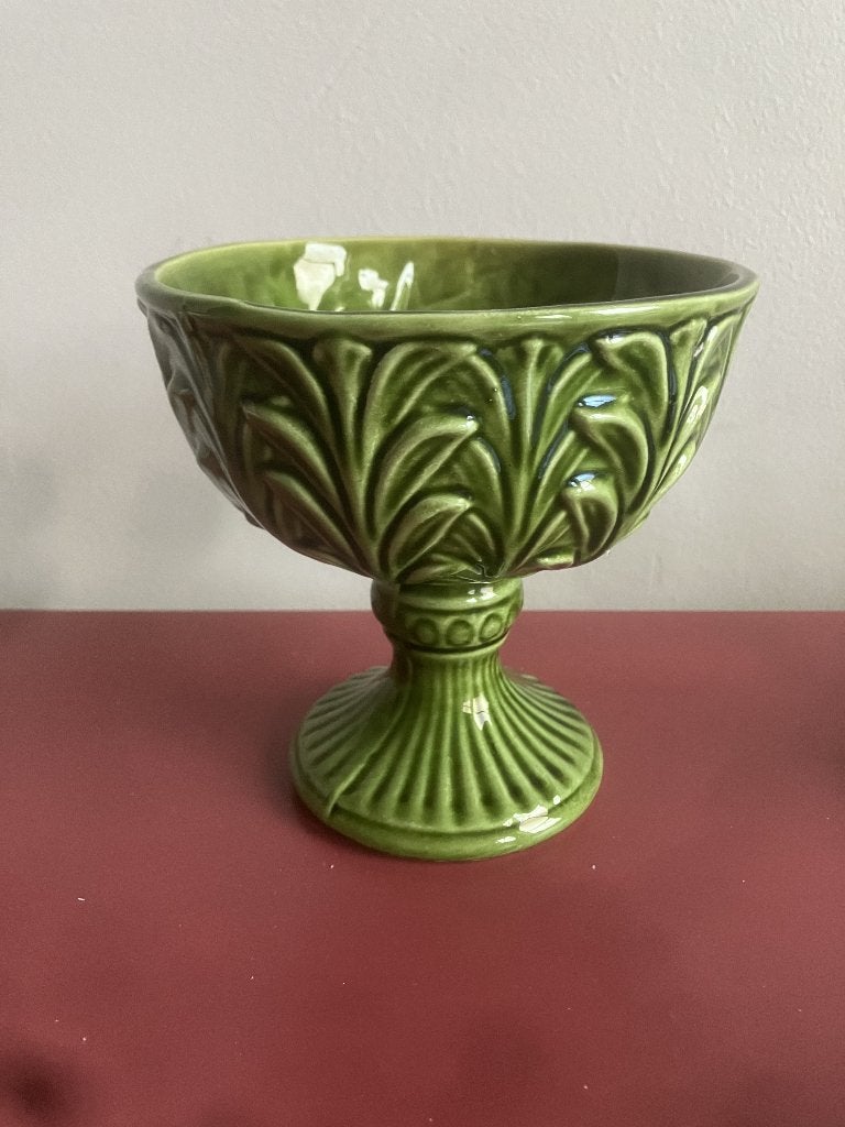 Prachtige bloempot op voet in diepgroene majolica-kleur, Ophalen of Verzenden