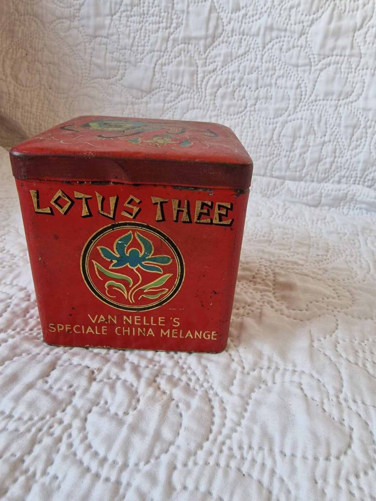 Vintage Van Nelle Lotus Thee blik - Speciale China Mélange, Verzamelen, Blikken, Ophalen of Verzenden, Gebruikt, Thee, Van Nelle