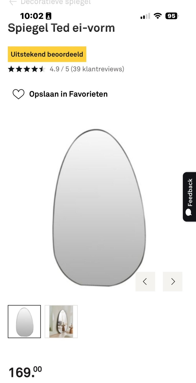 Super mooie spiegel,  ei vorm met zwarte rand, Ophalen, Zo goed als nieuw, 75 tot 100 cm, Overige vormen