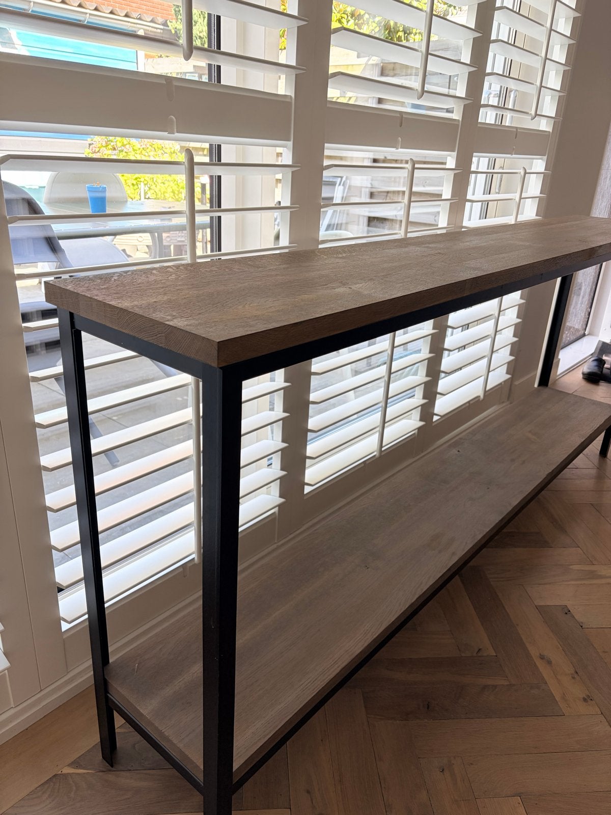 Lange houten sidetable met metalen frame, Ophalen, Gebruikt, 75 cm of meer, 60 cm of meer