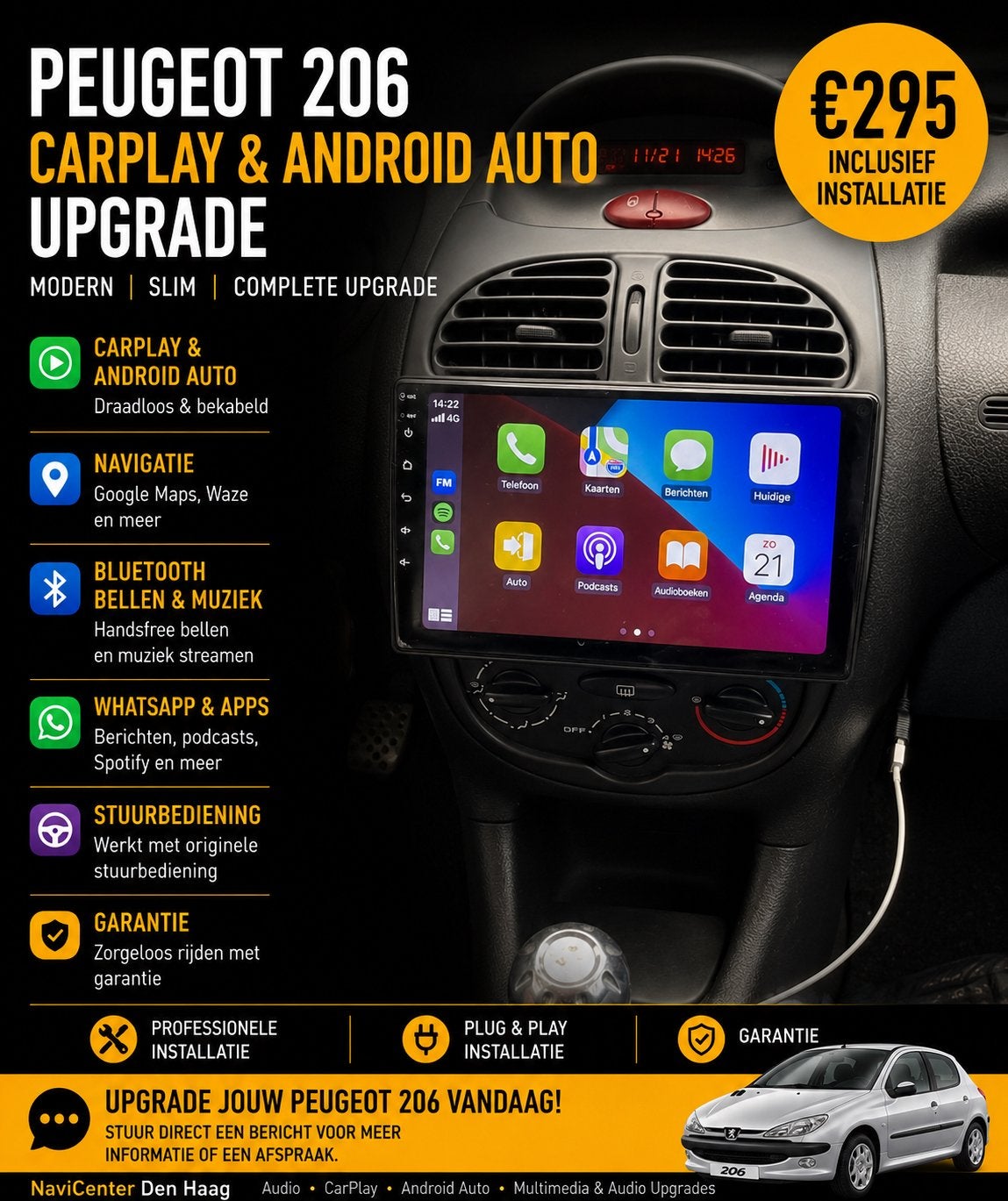 Peugeot 206 CarPlay & Android Auto Upgrade + Installatie, Ophalen of Verzenden, Nieuw