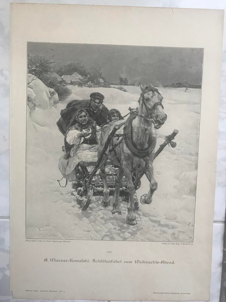 Wierusz-Kowalski, Schlittenfahrt zum Weihnachts-Abend, 1895., 26 cm, Origineel, Dagelijks leven, 1800 - 1899