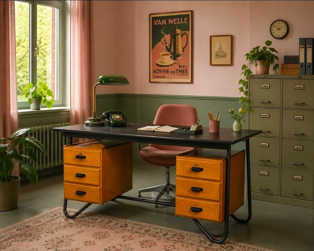 Bauhaus buusframe Bureau met Linoleum Blad, 2 lade blokken, Gebruikt, Vintage, Vintage, Ophalen of Verzenden