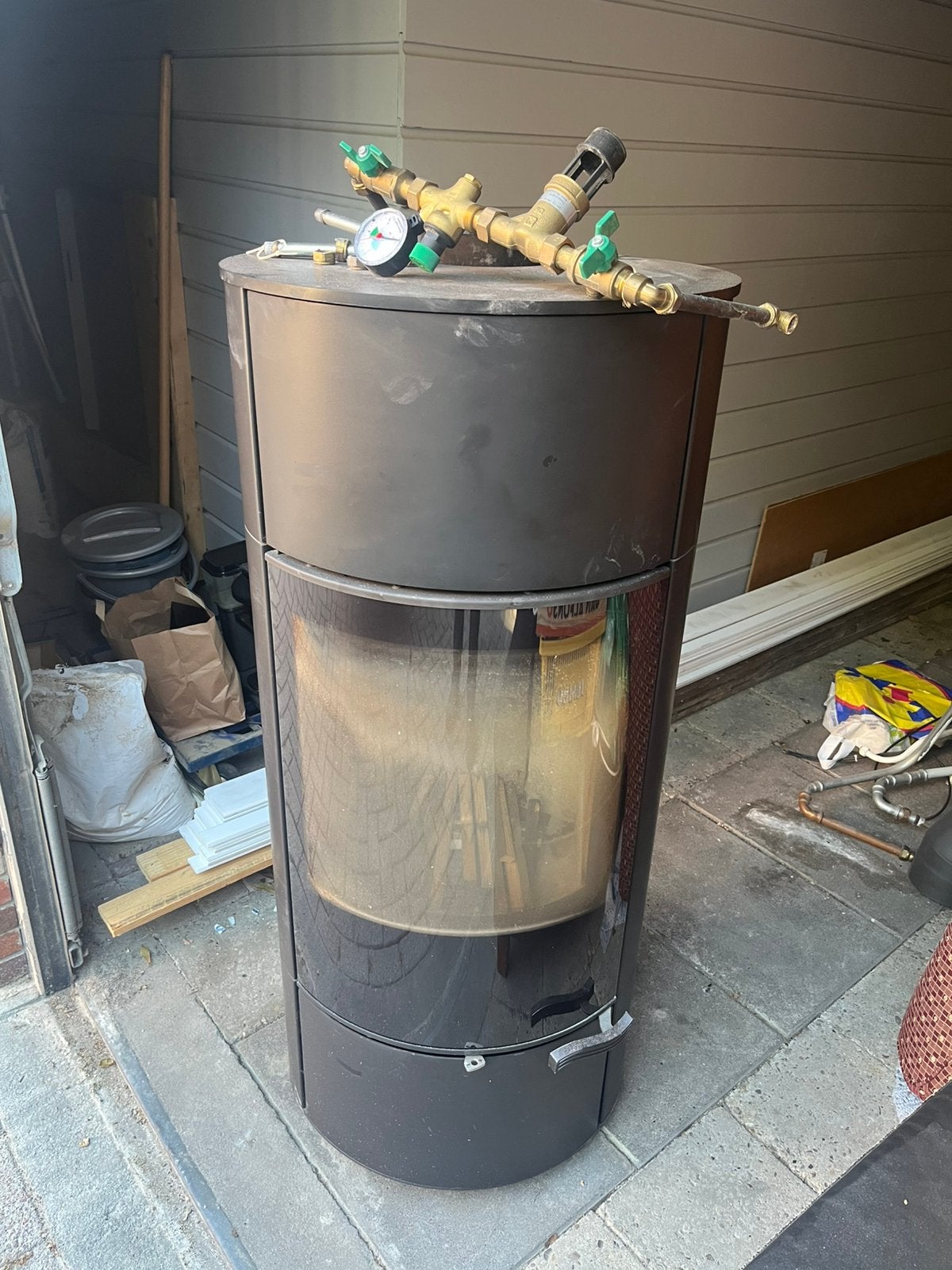 CV-houtkachel met warmte mantel +-20KW, Ophalen, Zo goed als nieuw, Hout, Houtkachel